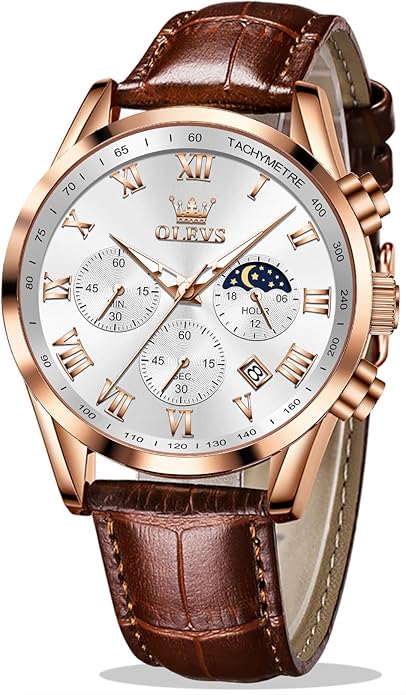 OLEVS Men's Leather Analog Quartz Watch - Luxury Chronograph Wristwatch With Date, Waterproof, Luminous - Dress Style