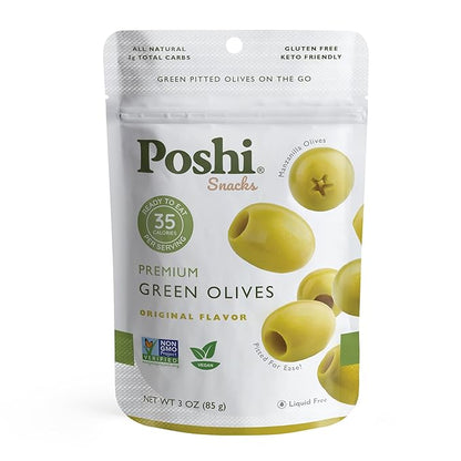 Poshi Green Olives On-The-Go - Original Flavor - Single Serve Pitted Olives - Convenient and Healthy Snack Packs - All Natural, Non-GMO, Kosher, Gluten-Free - 3 Oz Bags (6/Pack)