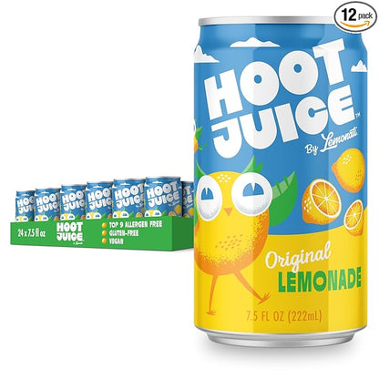Hoot Juice Lemonade By Lemonati, No Artificial Sweeteners or Flavors, Gluten-Free, Kosher, Non-GMO, Vegan, 7.5 Fl Oz Mini-Cans (24pk, Lemonade)