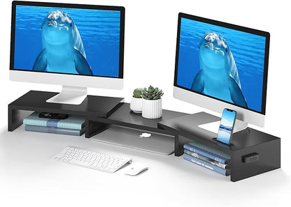 BONTEC Dual Monitor Stand for Desk, Adjustable Length and Angle Monitor Stand Riser with Smartphone Holder, Desk Shelf for Top of Desk, Computer Monitor Stand with Storage, Office Desk Organizer, Black