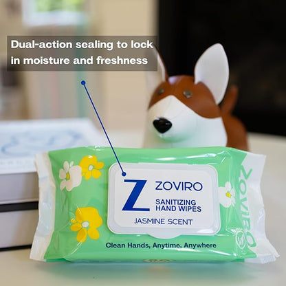 Zoviro Hand Sanitizer Wipes, Jasmine Essential Oils, 100% Viscose Ultra-Soft Wipes, Moisturizing & Non-Sticky, Jasmine Scent, Adults & Kids, 80 Count (Pack of 6)
