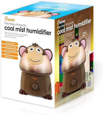 Crane Adorables Ultrasonic Humidifiers for Bedroom and Baby Nursery, 1 Gallon Cool Mist Air Humidifier for Large Room or Kid's Room, Humidifier Filters Optional, Monkey