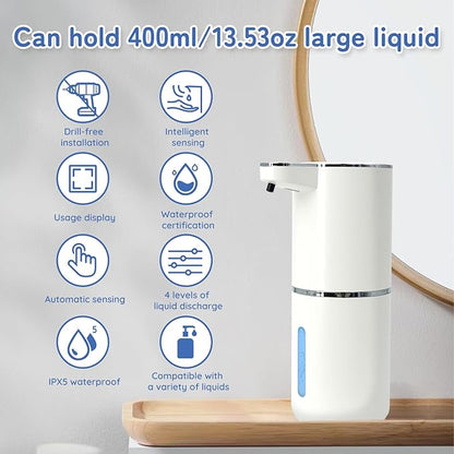 Liquid Soap Dispenser, Automatic Soap Dispenser, 13.5oz/400ml Automatic Soap Dispenser Touchless, USB Rechargeable 4 Level Adjustable Electric Hand Soap Dispenser, for Bathroom, Kitchen,Hotel(White)