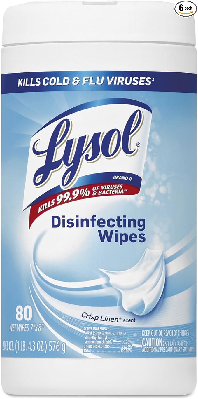 LYSOL Brand 89346CT Disinfecting Wipes, Crisp Linen Scent, 7 x 8, 80 Per Canister (Case of 6 Canisters)