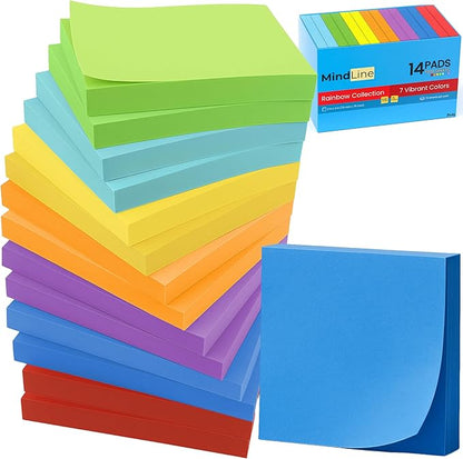 14 Pack Sticky Notes 3x3 Inches - Rainbow Colors Self-Stick Pads - Strong Adhesion, Smooth Writing, No Residue - Easy to Post for Home, Office, School - 72 Sheets/Pad - MindLine