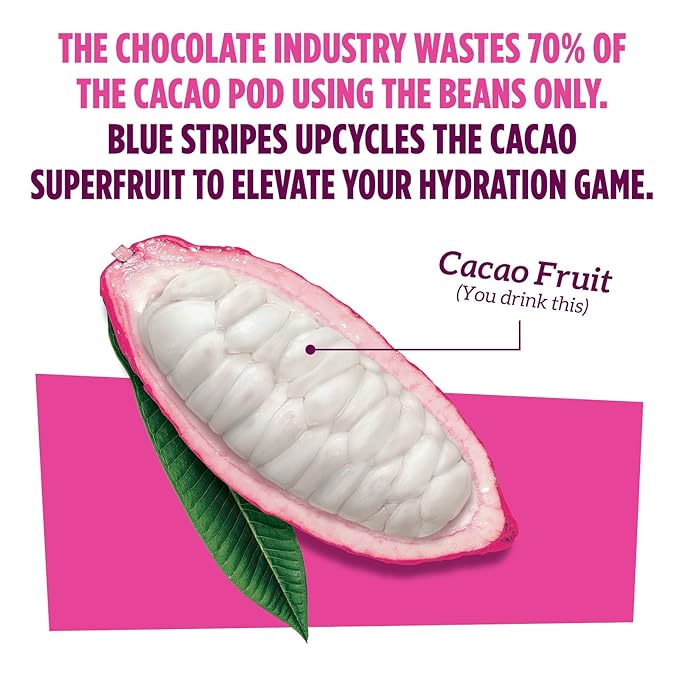Blue Stripes Cacao Water - Cold Pressed Superfruit Hydration with Electrolytes & Antioxidants, No Sugar Added, All Natural, Great for Protein Shakes & Smoothies - Passion Fruit, 6 Pack
