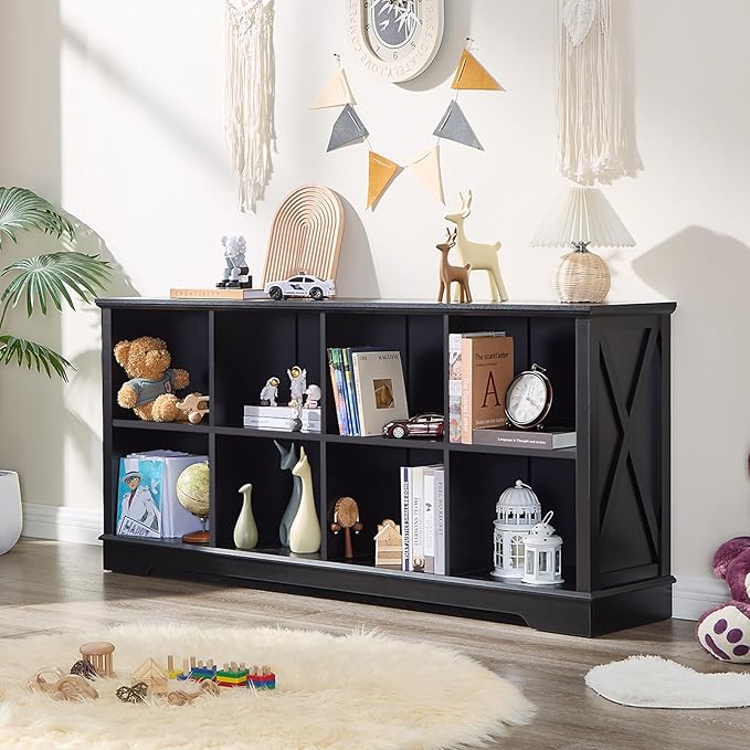 Book Shelf, 8 Cube Storage Organizer, 2-Tier Open Shelf Wooden Bookcase, Freestanding Wood Cube Storage Bookshelf for Bedroom, Living Room, Home Office (Black)