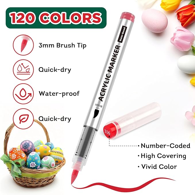 120 Colors Acrylic Paint Markers,Soft Brush Tip Paint Pens with Automatic Ink Control System,Quick Dry Waterproof Acrylic Paint Pens for Pumpkin,Wood,Metal,Fabric,Rock Painting with DIY Crafts