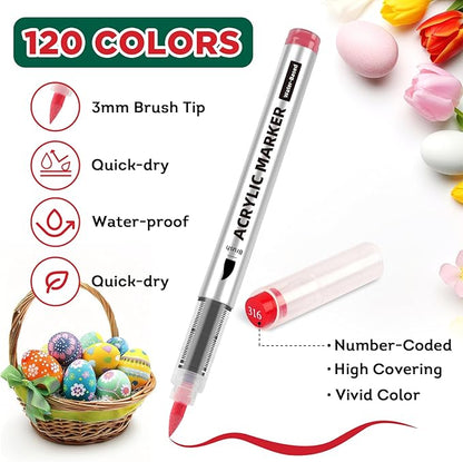 120 Colors Acrylic Paint Markers,Soft Brush Tip Paint Pens with Automatic Ink Control System,Quick Dry Waterproof Acrylic Paint Pens for Pumpkin,Wood,Metal,Fabric,Rock Painting with DIY Crafts