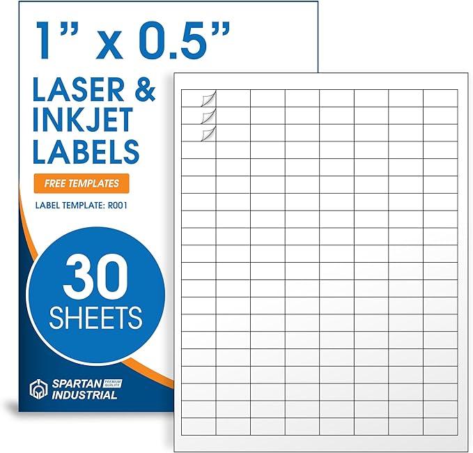 1" X 0.5" Matte White Printable Labels Compatible with Inkjet and Laser Printers - 30 Sheets, 4800 Small Stickers for Barcodes, Product Labeling, Inventory - Spartan Industrial Template R001