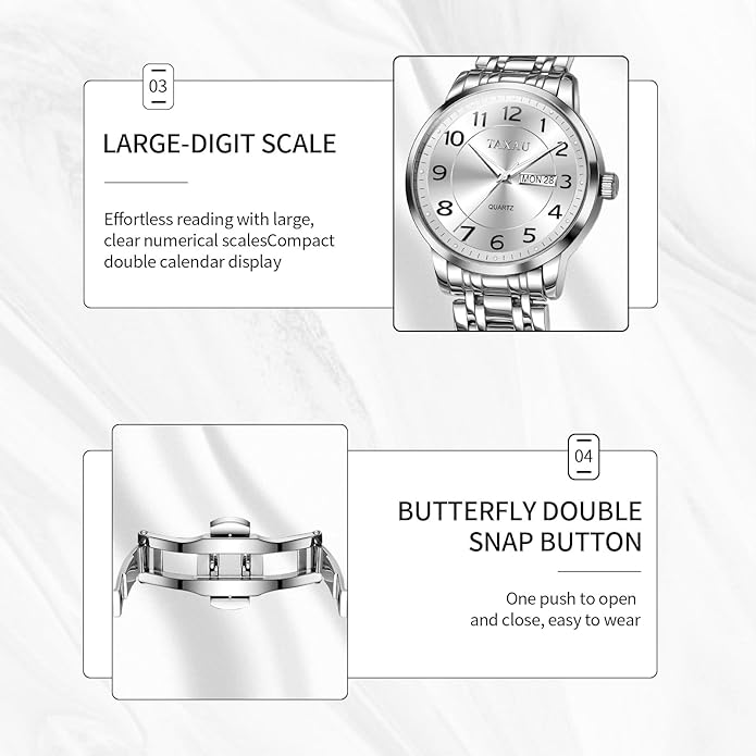 Stainless Steel Mens Watches with Day Date Quartz Analog Large Face Classic Watch Arabic Numerals Dress Luminous Rlojes para Hombres