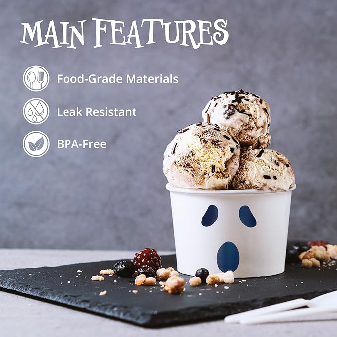 Paper Ice Cream Cups, 50-Count 9-Oz Disposable Dessert Bowls for Hot or Cold Food, 9-Ounce Halloween Party Supplies Treat Cups, Ghost Face