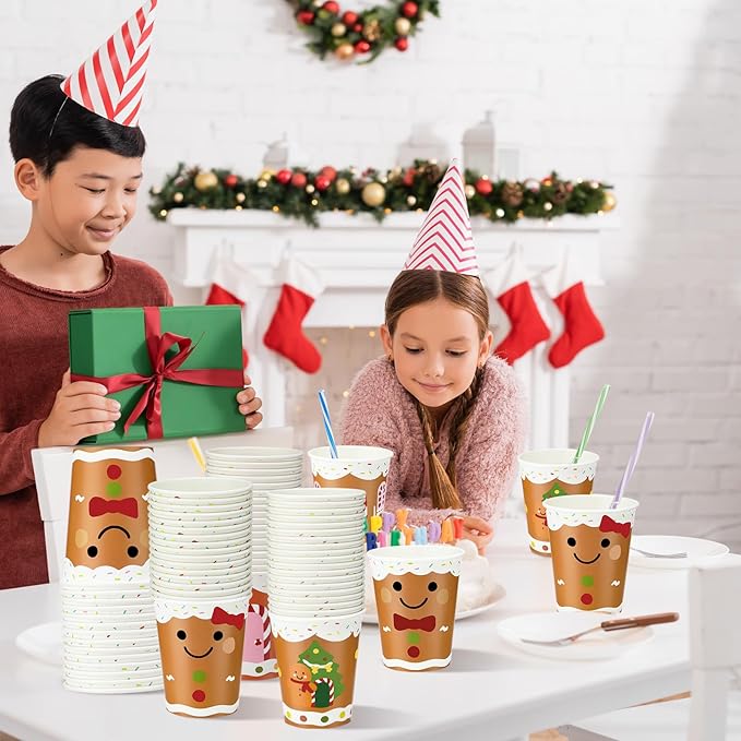 Funtery 100 Pieces Christmas Gingerbread Paper Cups Hot Chocolate Cups Xmas Disposable Coffee Cup Gingerbread Man Christmas Tree Candy Xmas 9 Ounce Drinking Tea Paper for Daily Use Holiday