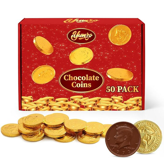 Gold Chocolate Coins, 50 Pack of Gold Chocolate Coins Bulk, Ideal Coin Candy for Themed Parties, Events and Celebrations, Perfect for Gift Bags and Festive Decorations Christmas and st patricks day.