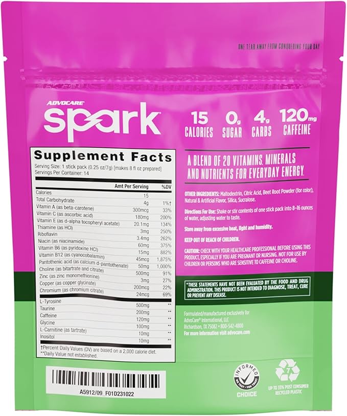 AdvoCare Spark - Energy Drink Mix - Vitamin & Amino Acid Supplement - Supports Energy & Focus - Portable Immune Support - Sugar-Free - Watermelon, 14 Stick Packs (3.5 oz)