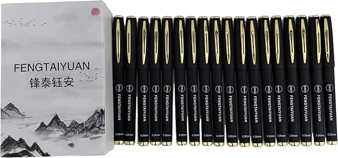 Fengtaiyuan 038P18, Black Gel Ink Rollerball Pens - Comfortable Non-Slip Grip, Black Ink, Ultra Fine, 0.38mm, Quick-Drying Ink, 18-Piece Box (038P18)