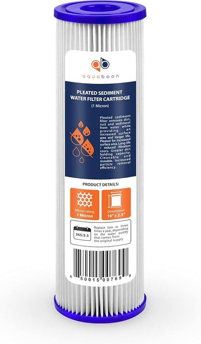 Aquaboon 1 Micron Pleated Water Filter 10 x 2.5 - Whole House Sediment Filter Replacement Cartridge Compatible with WFPFC3002, WHKF-WHPL, 50-Pack