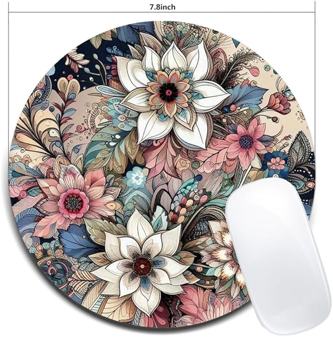 Floral Mandala Pattern Mouse Pad Round Non-Slip Rubber Mousepad Laptop Office Computer Decor Cute Desk Accessories Customized Design Mouse Pad