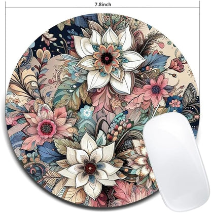 Floral Mandala Pattern Mouse Pad Round Non-Slip Rubber Mousepad Laptop Office Computer Decor Cute Desk Accessories Customized Design Mouse Pad