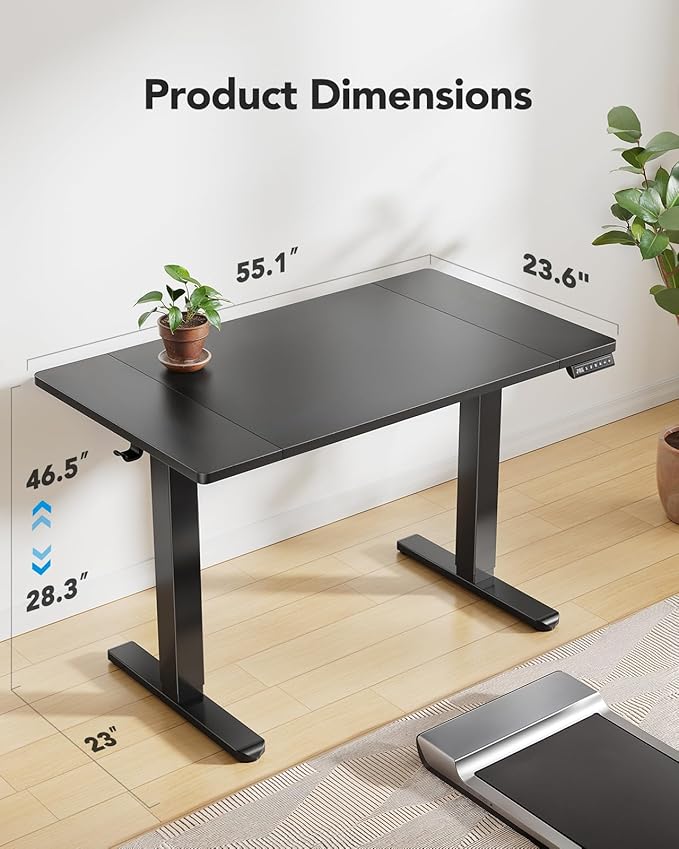 HUANUO 55 x 24 inch Electric Standing Desk, Height Adjustable Table with Headphone Hooks & Cable Manager, Sit to Stand up Desk for Home Office, Black