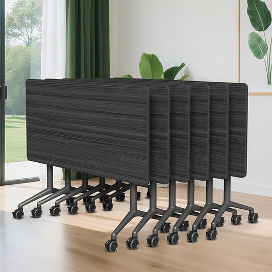Conference Room Table, 55 Inch Folding Conference Tables with Wheels, Modern Office Meeting Table, Easy Flip & Nest Design, Rectangular Seminar Tables with Metal Frame for 2-24 People (N, 6PCS)