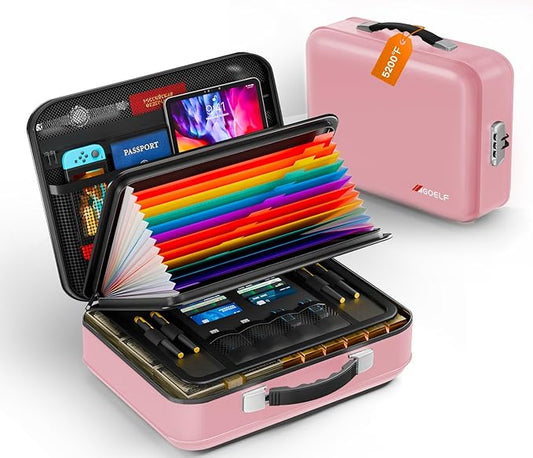 Fireproof Document Box with Lock, 5200°F Fireproof Water Resistant Hard Case File Organizer Safe Box for Important Documents, Certificates, Laptop, Passports (Pink)