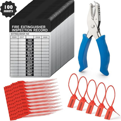 100 Sets 2026–2029 Fire Extinguisher Tags Aluminum Metal Inspection Record Tags 2.2 x 3 Inch with Hole Puncher & Numbered Security Zip Ties for Monthly Fire Extinguisher Inspection Indoor Outdoor