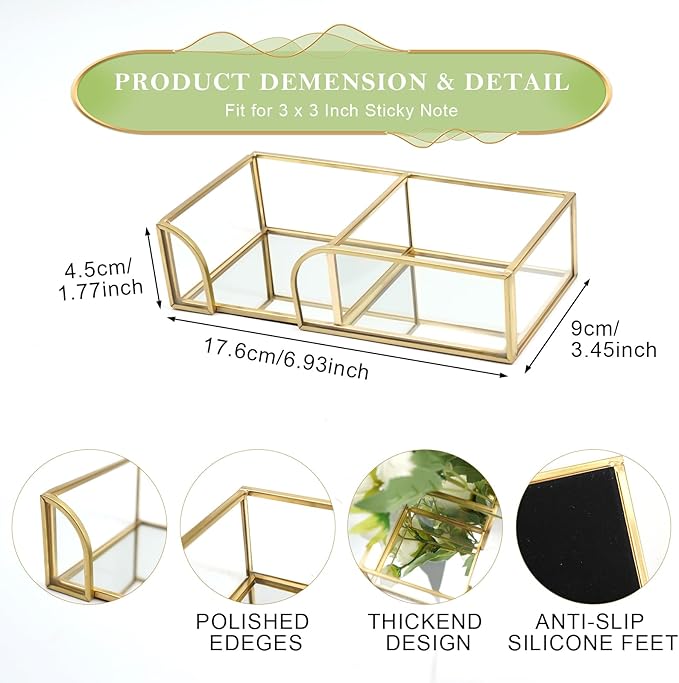 3 x 3 Inch Sticky Note Holder Gold Glass Post It Note Dispenser, 2 Slot Sticky Note Dispenser, Stylish Post It Holder for Home Office Desk Decor