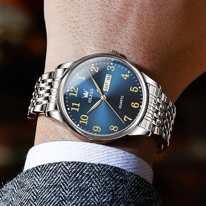 OLEVS Mens Watch Stainless Steel Analog Quartz Watches for Men Day Date Easy Read Diamond Waterproof Dress Luxury Classic Casual Big Face Blue/Black/Gold/Silver Roman Arabic Numerals Men's Wrist Watch