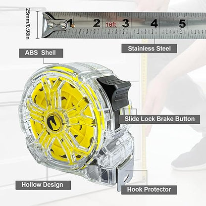 Tape Measure 16Ft, Retractable Stainless Steel Tape Measure, Waterproof & Rustproof Stainless Steel Band with Transparent Hollow Design for Renovation, Construction, Carpentry