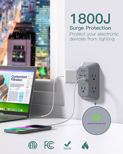 Addtam Surge Protector Outlet Extender, Multi Plug Wall Outlet with 4 USB Ports(2 USB-C), 3-Sided 1800J Power Strip Plug Extension Outlet Splitter, Gray