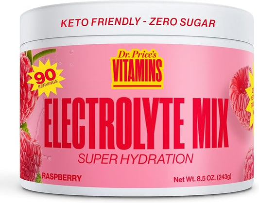 Dr. Price’s Electrolytes Powder Bulk | Raspberry 90 Servings | Sugar Free Hydration Powder with 72+ Trace Minerals | Keto, Vegan, Electrolyte Drink Mix | Doctor-Formulated, Made in USA