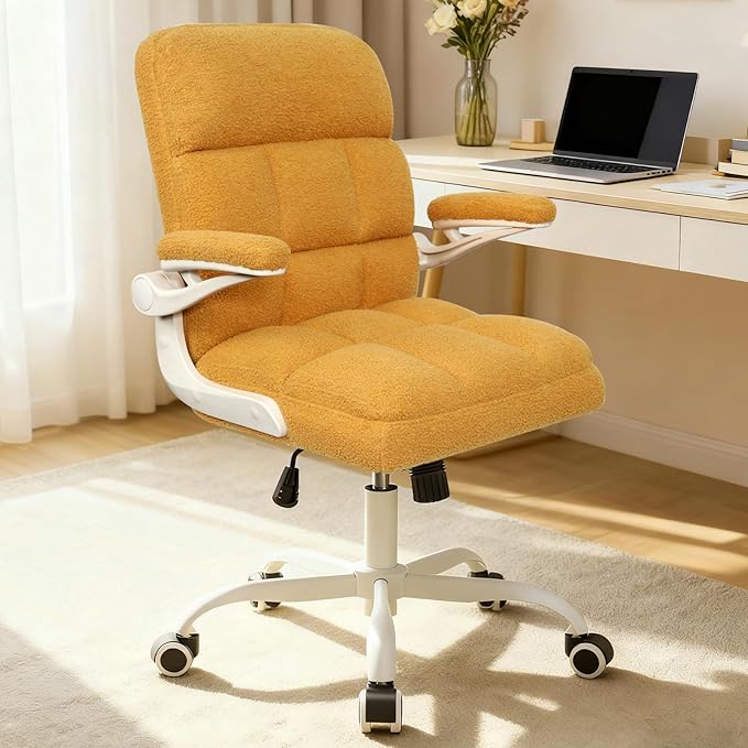Office Chair with Wheels, Ergonomic Home Office Desk Chair with Flip-up Armrest, Adjustable Rolling Computer Chair Teddy Fleece – Gold