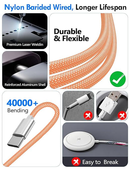1Pack Multi Charging Cable Cord for Travel Essentials,Apple Watch Charger,iPhone Charger,[3-in-2] Type C/Lightning Cable Portable Designed for iWatch,iPhone 17-8,Galaxy S25-21,AirPods,iPad-4FT Orange