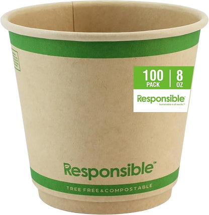 Responsible Products Smooth Insulated Paper Hot Cups (squat), Tree-Less™ Compostable Insulated Coffee Cups, Tree-Free, Made Without PFAS (Natural Brown, 8 oz (100 Count))