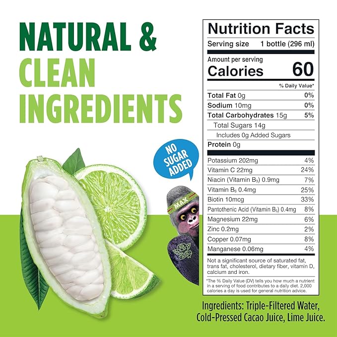 Blue Stripes Cacao Water - Cold Pressed Superfruit Hydration with Electrolytes & Antioxidants, No Sugar Added, All Natural, Great for Protein Shakes & Smoothies - Lime, 12 Pack