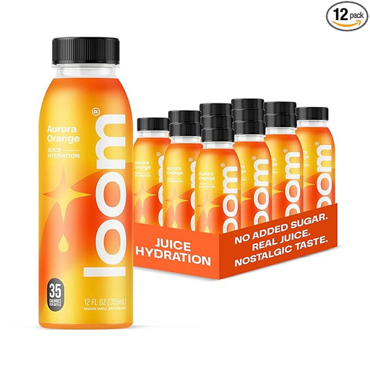 Aurora Orange Juice Drinks by Loom, Low Sugar Juice, Real Fruit, No Added Sugar, 35 Calories, Non-GMO, Vegan, Gluten Free, 12 oz bottles, 12 pack