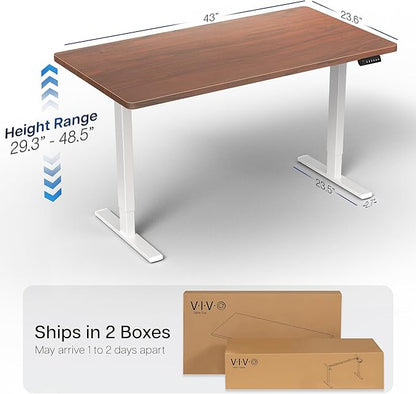 VIVO Electric 43 x 24 in Standing Desk, Memory Height Adjustment, 1B Series, One-Piece Dark Walnut Top, White Frame, DESK-KIT-1W4D