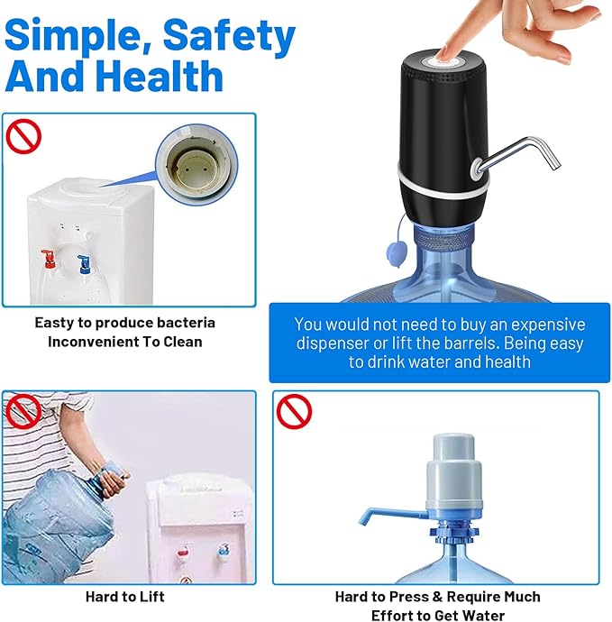 2-5 Gallon Portable Water Dispenser, Water Bottle Pump Rechargeable for 5 Gallon with Silicone Cap, Automatic Drinking Water Jug Dispenser (Black)