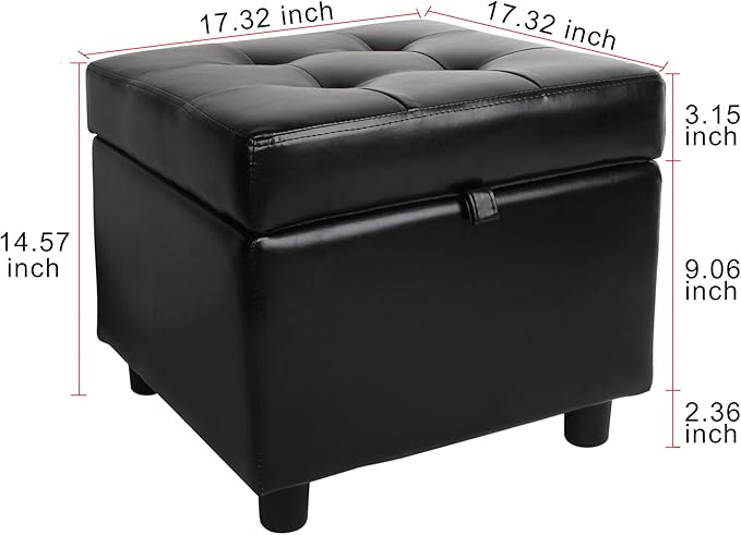 H&B Luxuries Tufted Leather Square Flip Top Storage Ottoman Cube Foot Rest (Black)