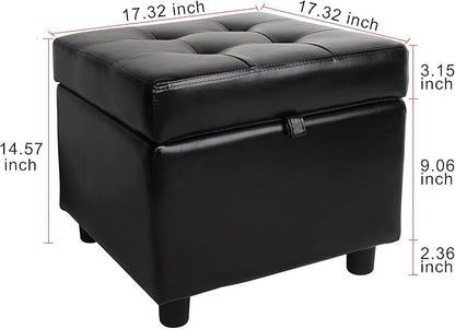 H&B Luxuries Tufted Leather Square Flip Top Storage Ottoman Cube Foot Rest (Black)