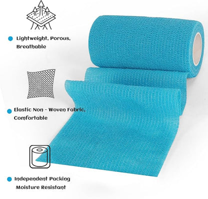 6 Rolls Elastic Self Adhesive Bandage Wrap 4 Inch, Breathable Non Woven Cohesive Bandage, Vet Wrap for Dogs, Ankle Sprains Swelling Medical First Aid Tape, Sports Athletic Tape Blue