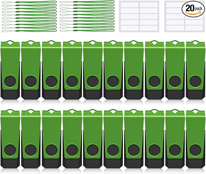 32GB USB Flash Drive 20 Pack AGECASH USB 2.0 Thumb Flash Drives Bulk Green Swivel 32GB USB Memory Stick Zip Jump Drive Multipack Pendrive with Labels & Lanyards