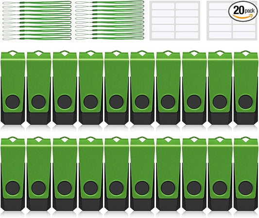 512MB USB Flash Drive 20 Pack AGECASH USB 2.0 Thumb Flash Drives Bulk Green Swivel 512MB USB Memory Stick Zip Jump Drive Multipack Pendrive with Labels & Lanyards