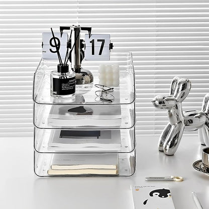 Gagee 4 Pack Clear Stackable Paper Organizer, Office Desk Organizer for Notes, Pens, File, Document, A4 Paper Holder
