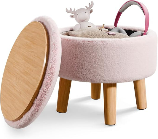 Poofzy Small Ottoman with Storage, Small Foot Stool Ottoman with Wood Legs, Faux Fur Foot Rest for Couch, Living Room and Bedroom - Pink