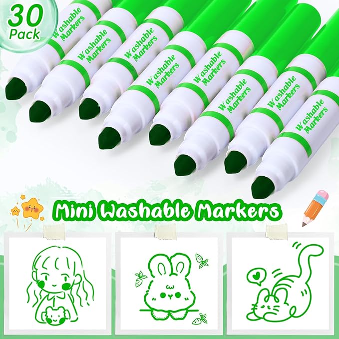 Janlaugh 30 Pcs Mini Washable Markers Bulk Broad Line Conical Tip Washable Mark Pen Set Short Coloring Paint Pen for Art Projects Teacher Party Favors Classroom(Green)
