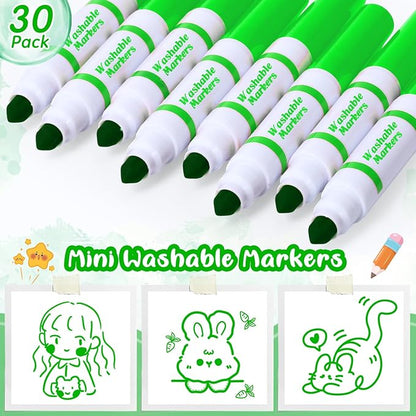 Janlaugh 30 Pcs Mini Washable Markers Bulk Broad Line Conical Tip Washable Mark Pen Set Short Coloring Paint Pen for Art Projects Teacher Party Favors Classroom(Green)