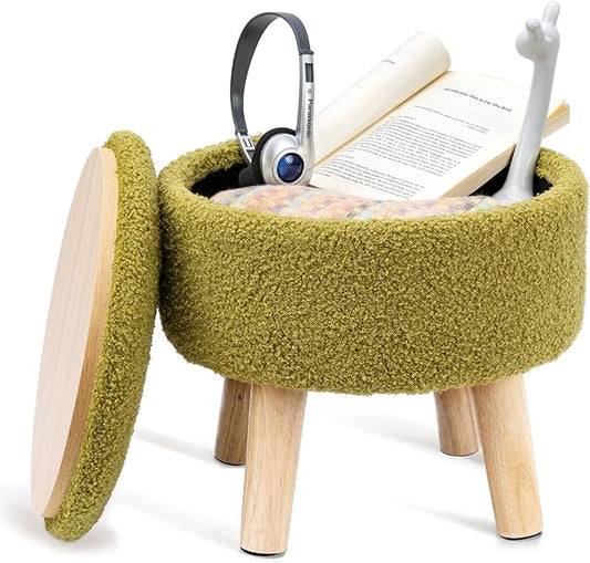 Poofzy Small Ottoman with Storage, Small Foot Stool Ottoman with Wood Legs, Sherpa Foot Rest for Couch, Living Room and Bedroom - Olive Green