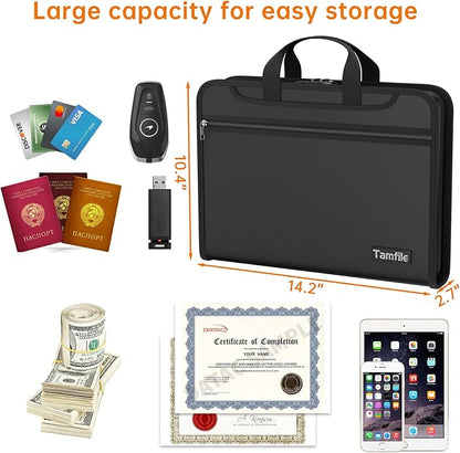5200℉ Fireproof Accordion File Organizer with Lock, Thickened Document Organizer 13 Pocket with Zipper & Labels, Important Document Organizer, Expanding File Folder with Handle for Letter A4 (Black)